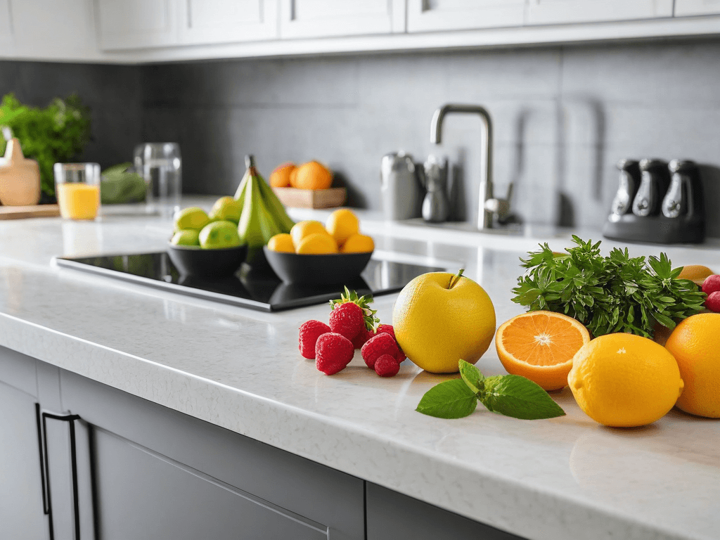 021 A clean kitchen counter with fresh fruits and a simple meal plan symbolizing a balanced and healthy lifestyle