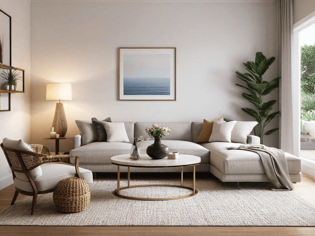 024 A serene living room with just a few tasteful decor items representing simplicity and elegance in home design