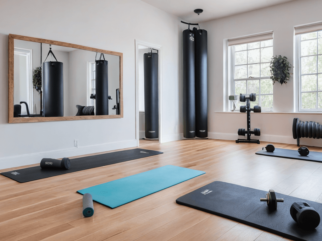 025 A clean gym space with only a yoga mat and a few essential weights symbolizing effective and straightforward fitness