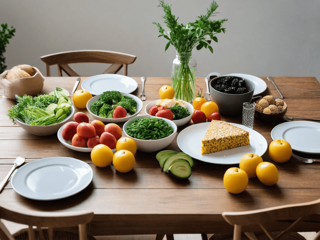 029 A simple dining table with fresh healthy food symbolizing a balanced and intentional approach to eating