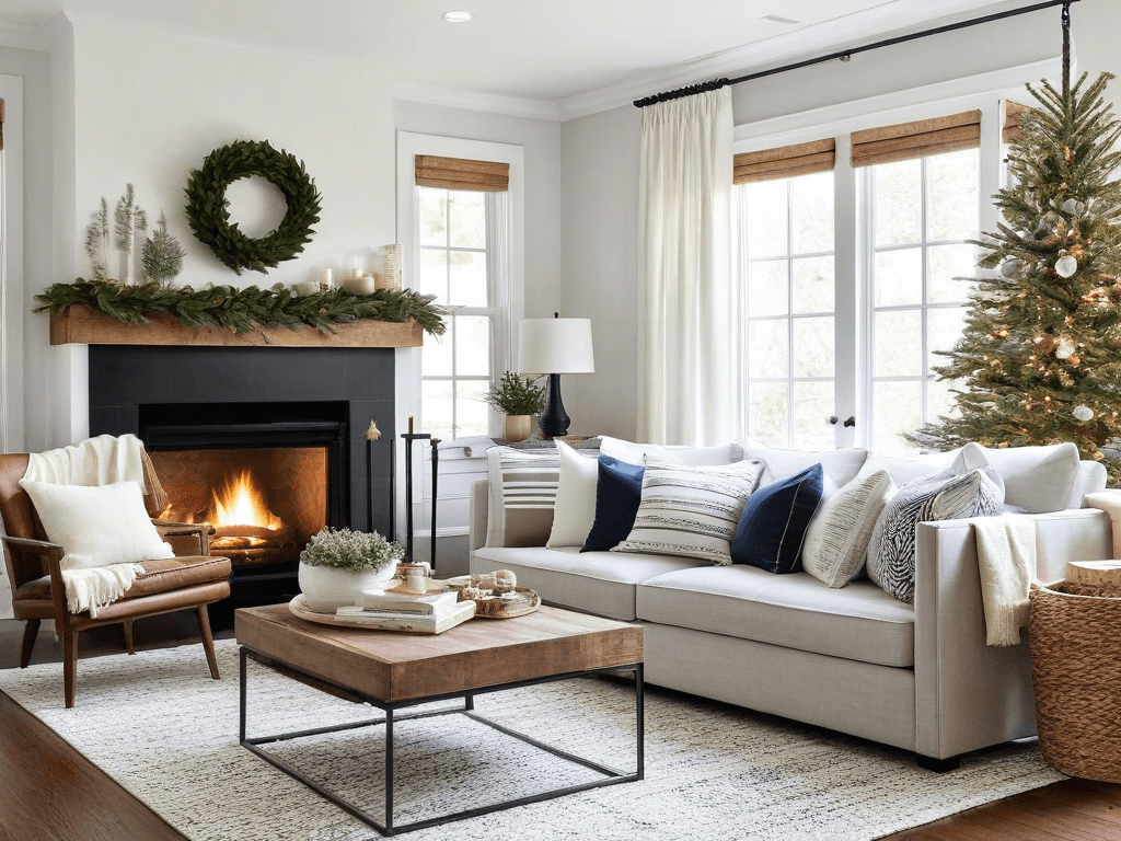 032 A living room with simple seasonal decor emphasizing a balanced and tasteful approach to decorating