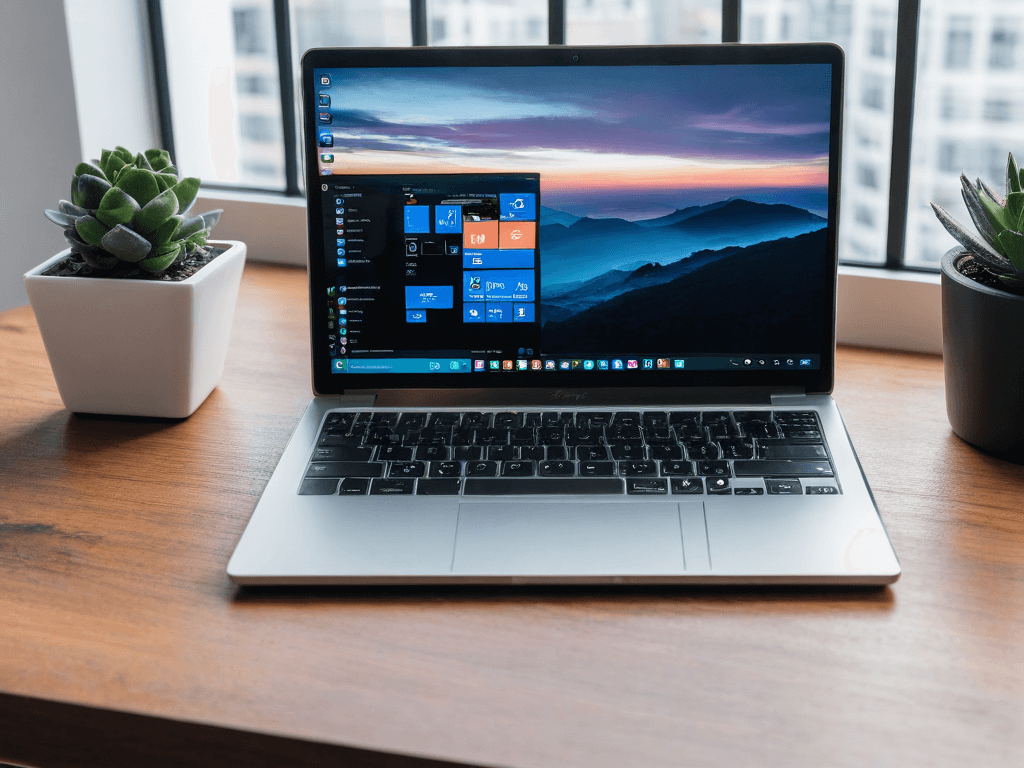 034 A laptop and smartphone with only essential apps on the screen placed on a clean desk symbolizing efficient digital productivity