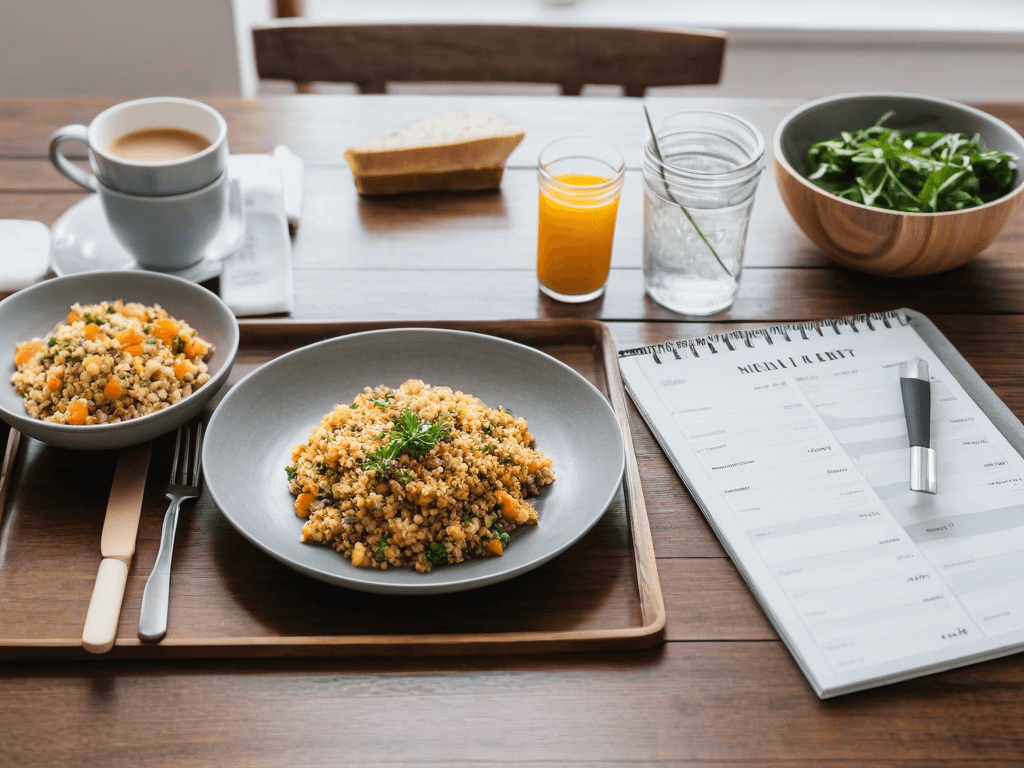 035 A simple dining table with a modest meal and a budget planner representing mindful and effective financial habits