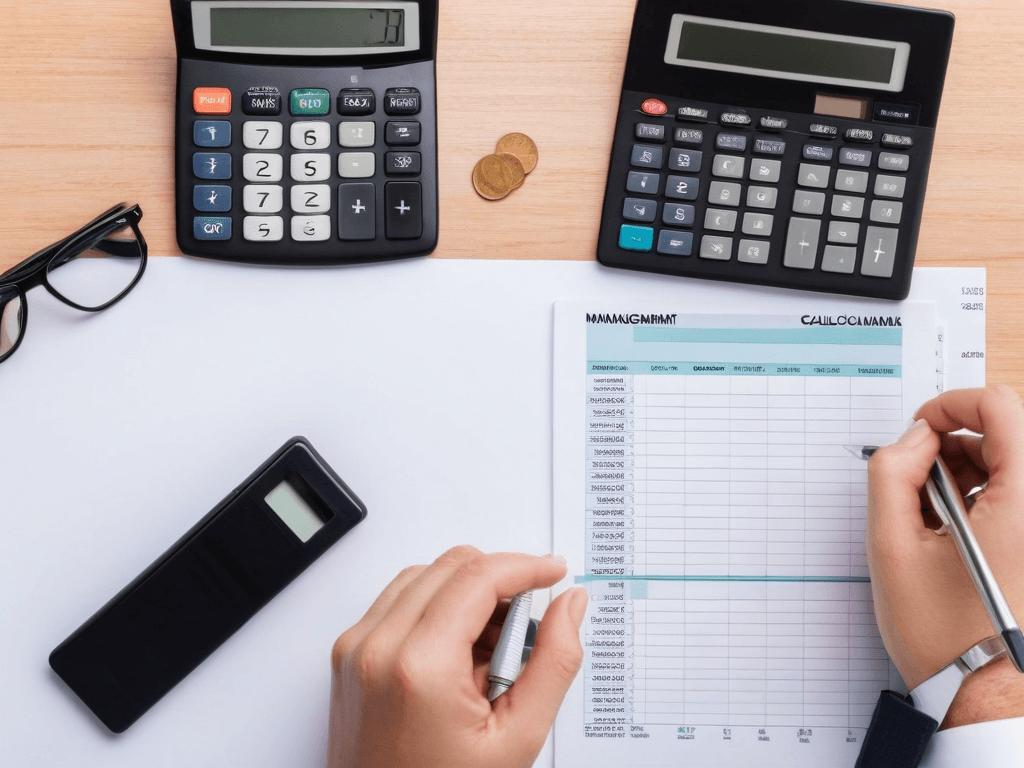 043 A clean desk with a financial planner and calculator symbolizing effective and thoughtful financial management