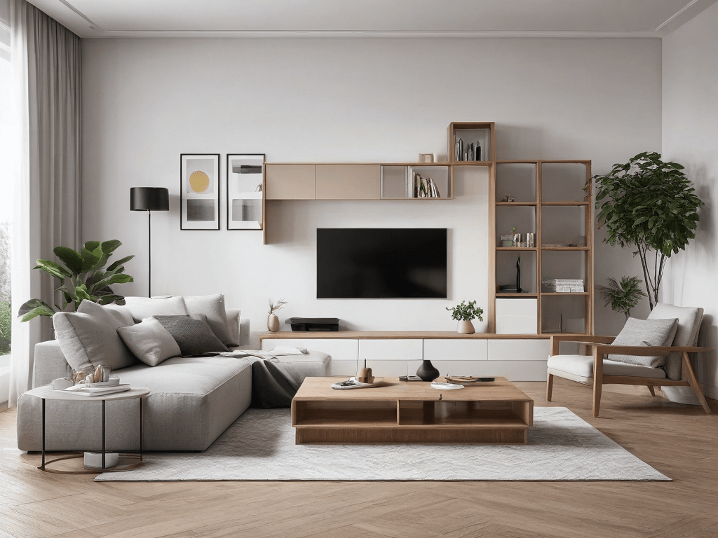 044 A minimalist living room with multifunctional furniture emphasizing practicality and simplicity in home design