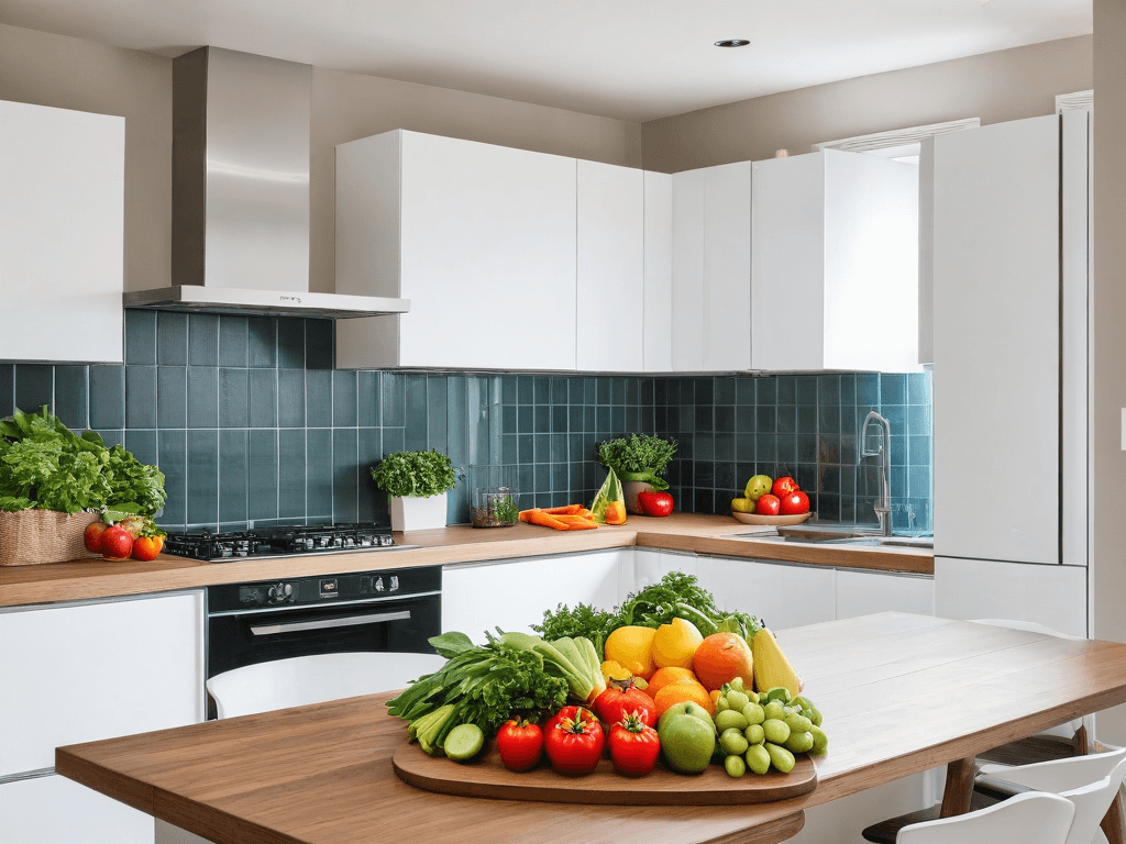 045 A simple clean kitchen with fresh fruits and vegetables symbolizing a balanced and healthy lifestyle