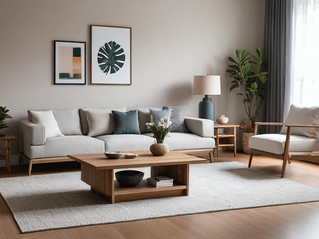 048 A serene living room with simple furniture and decor emphasizing a peaceful and uncluttered lifestyle