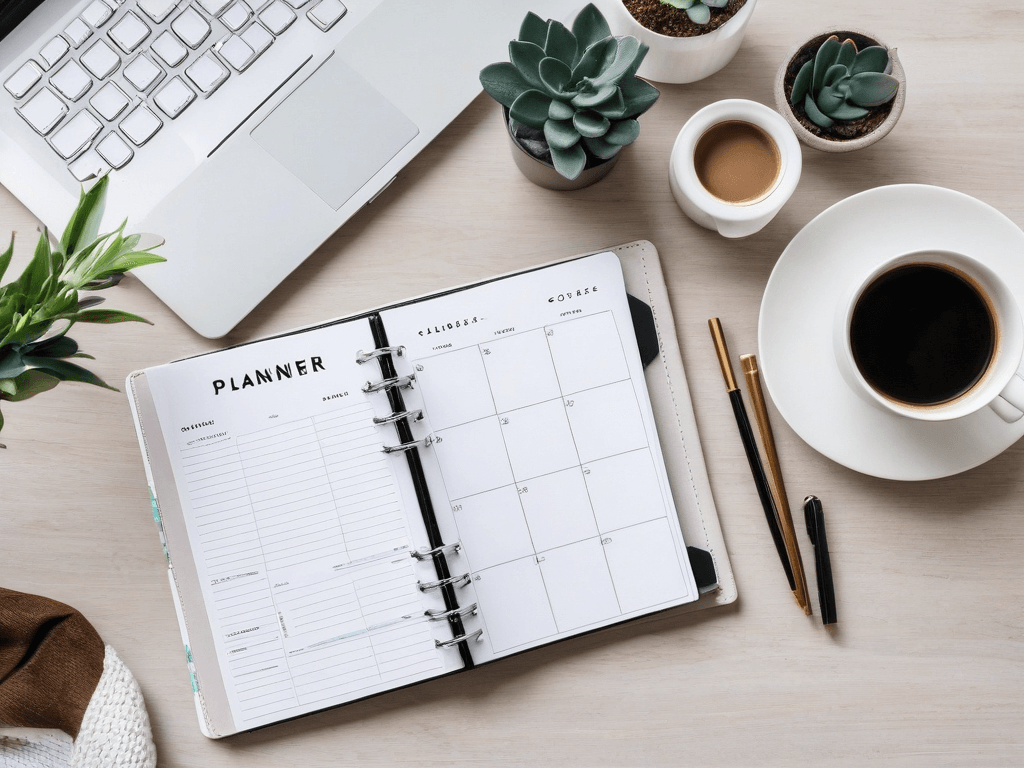 049 A tidy workspace with a planner and a cup of coffee symbolizing a calm and balanced approach to work and life