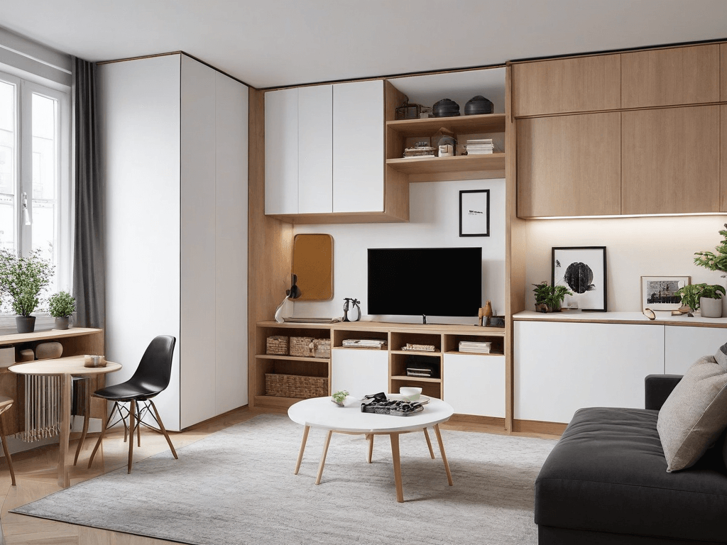 052 A small apartment with multifunctional furniture and clever storage solutions emphasizing efficiency and simplicity