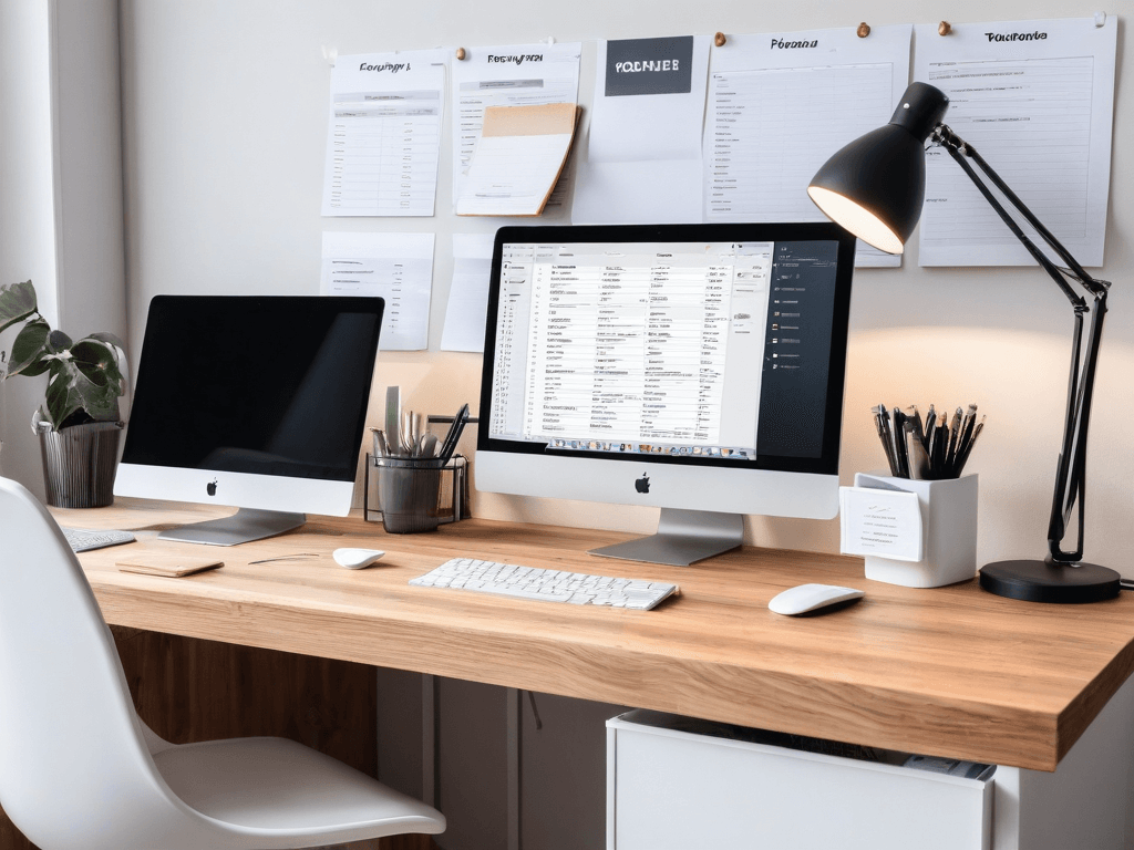 053 A clean workspace with a few essential tools and a clear task list symbolizing efficient and focused productivity