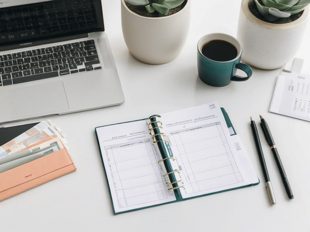 2 A clean desk with a budget planner and cash envelopes symbolizing thoughtful and intentional financial planning