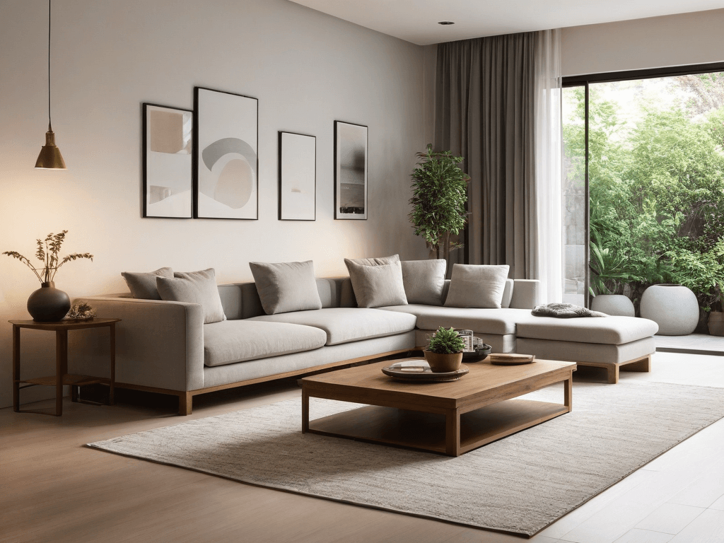 7 A serene living room with simple furniture and soft lighting representing a peaceful and relaxing space