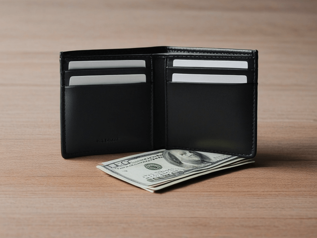 8 A minimalist wallet on a clean table with only essential cards and cash symbolizing thoughtful spending habits