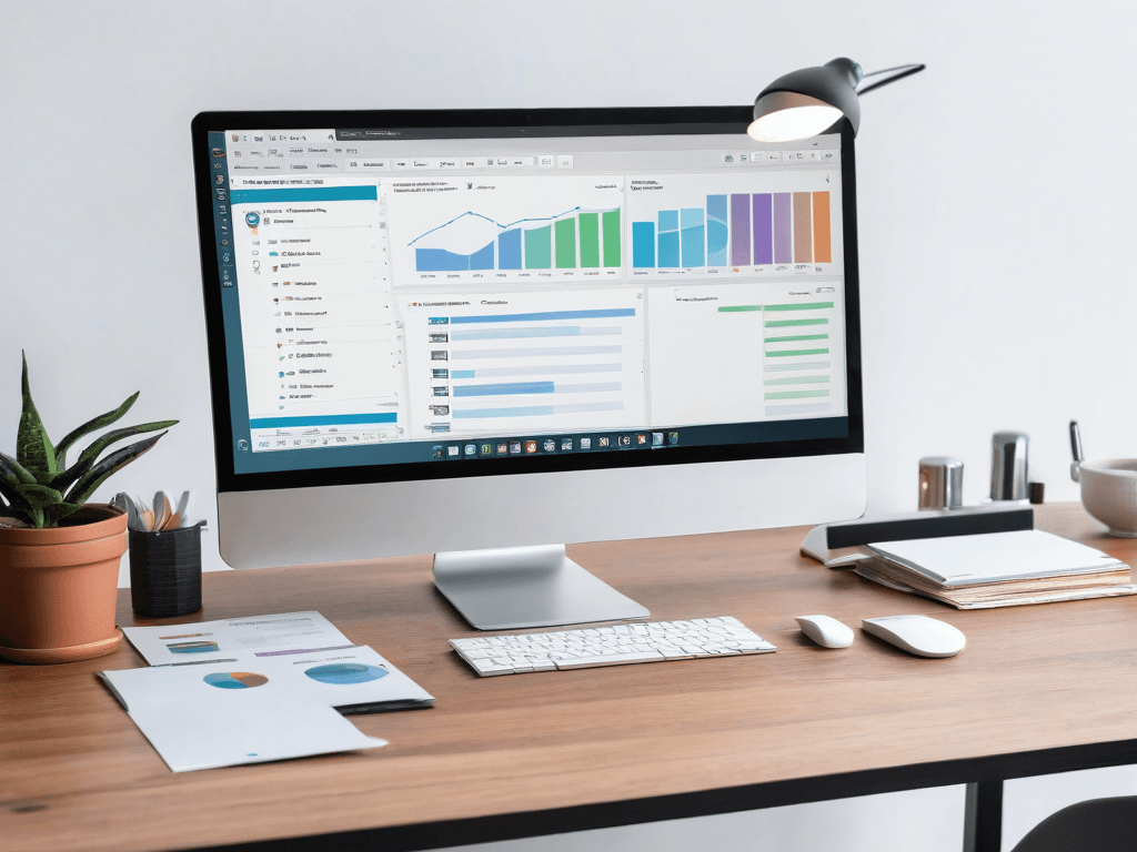 9 A clean desk with a laptop displaying automation software representing streamlined and efficient workflows