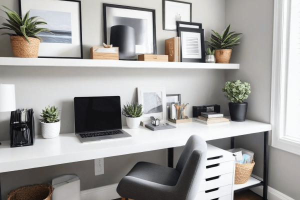 020 A clean, organized home office with only essential tools and decor, emphasizing focus and productivity.