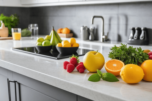 021 A clean kitchen counter with fresh fruits and a simple meal plan, symbolizing a balanced and healthy lifestyle.