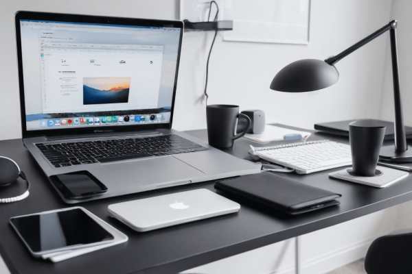 022 A clean desk with only a laptop and a few essential gadgets, symbolizing a focused and efficient work environment.