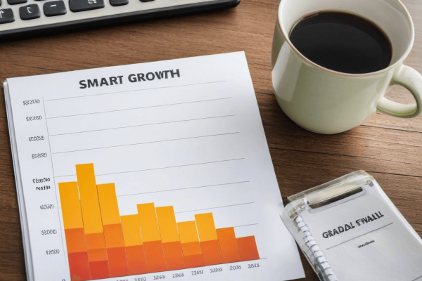 023 A simple chart showing gradual wealth growth on a clean desk, symbolizing smart and thoughtful financial planning.