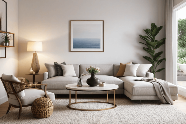 024 A serene living room with just a few tasteful decor items, representing simplicity and elegance in home design.