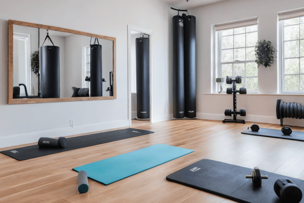 025 A clean gym space with only a yoga mat and a few essential weights, symbolizing effective and straightforward fitness.