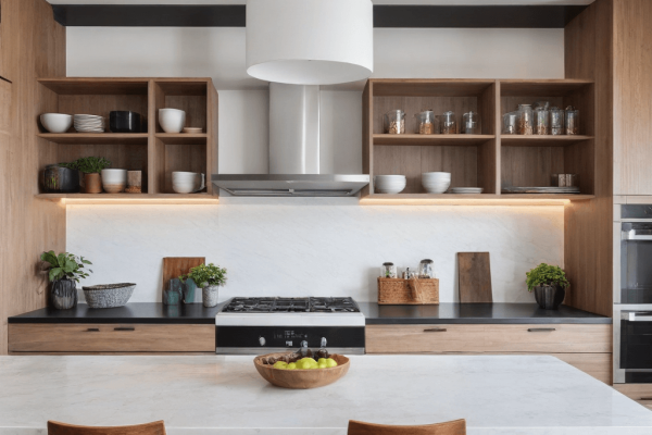 028 A neat kitchen with clean counters and organized storage, representing simplicity and functionality.