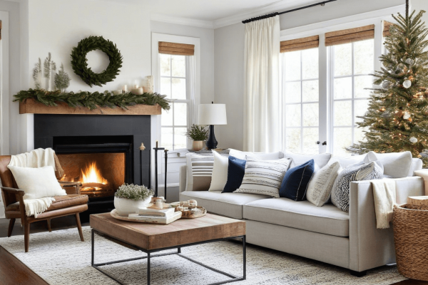 032 A living room with simple, seasonal decor, emphasizing a balanced and tasteful approach to decorating.