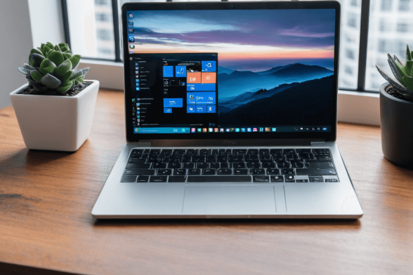 034 A laptop and smartphone with only essential apps on the screen, placed on a clean desk, symbolizing efficient digital productivity.