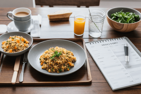 035 A simple dining table with a modest meal and a budget planner, representing mindful and effective financial habits.