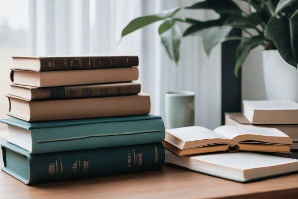 037 A serene, clutter-free environment with a few books and a journal, symbolizing self-reflection and personal development.