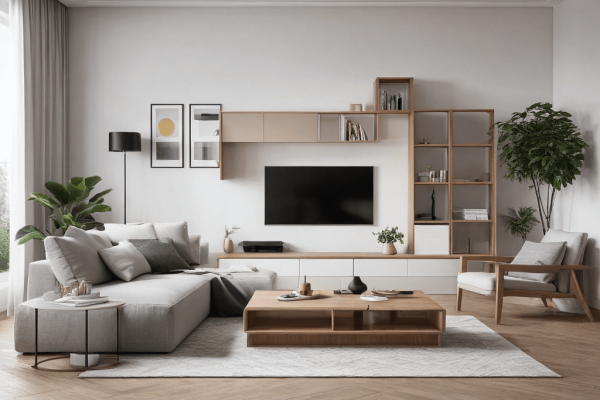 044 A minimalist living room with multifunctional furniture, emphasizing practicality and simplicity in home design.