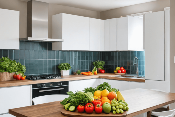 045 A simple, clean kitchen with fresh fruits and vegetables, symbolizing a balanced and healthy lifestyle.