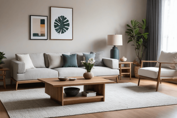 048 A serene living room with simple furniture and decor, emphasizing a peaceful and uncluttered lifestyle.