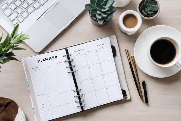 049 A tidy workspace with a planner and a cup of coffee, symbolizing a calm and balanced approach to work and life.