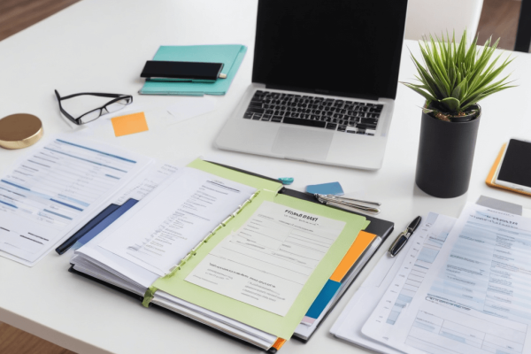 051 A clean financial planner with a simple, effective budget outlined, placed on a tidy desk, symbolizing efficient financial management.