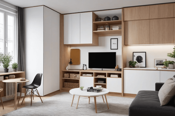 052 A small apartment with multifunctional furniture and clever storage solutions, emphasizing efficiency and simplicity.