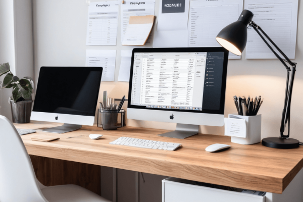 053 A clean workspace with a few essential tools and a clear task list, symbolizing efficient and focused productivity.