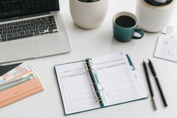 2 A clean desk with a budget planner and cash envelopes, symbolizing thoughtful and intentional financial planning