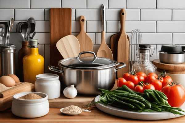 3 A kitchen counter with just a few essential ingredients and tools, symbolizing efficient and straightforward cooking.