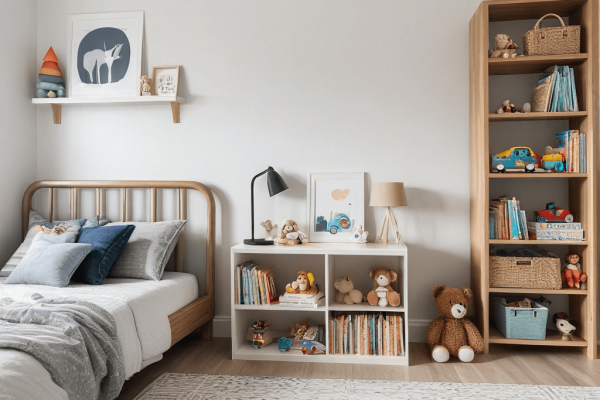 4 A simple, organized children’s room with just a few toys and books, symbolizing mindful and intentional parenting.