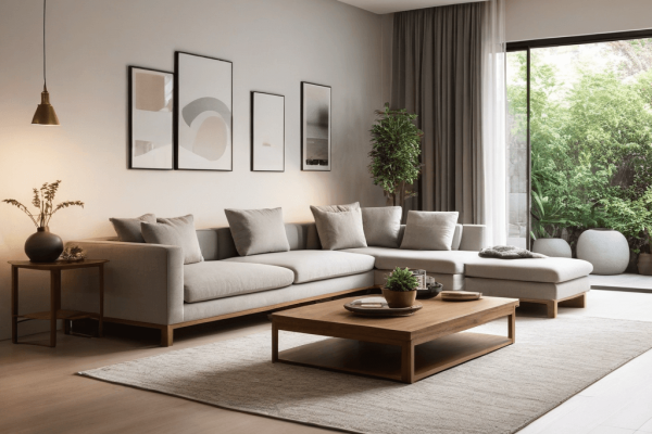 7 A serene living room with simple furniture and soft lighting, representing a peaceful and relaxing space.