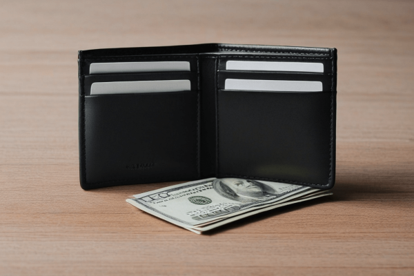 8 A minimalist wallet on a clean table, with only essential cards and cash, symbolizing thoughtful spending habits.