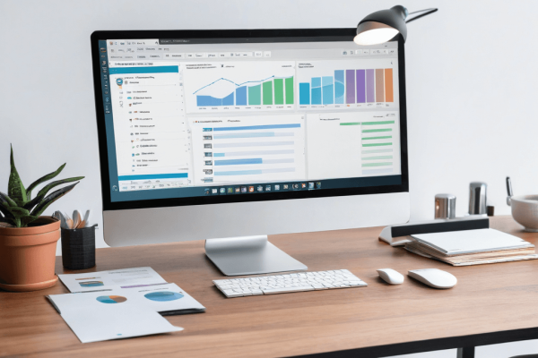 9 A clean desk with a laptop displaying automation software, representing streamlined and efficient workflows.